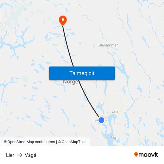 Lier to Vågå map