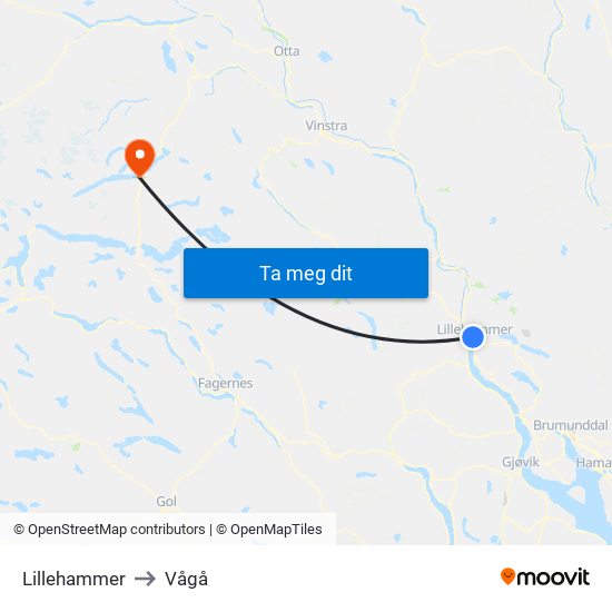 Lillehammer to Vågå map