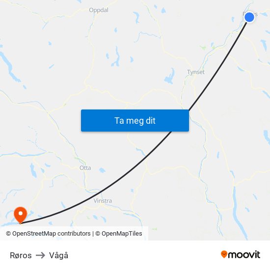 Røros to Vågå map