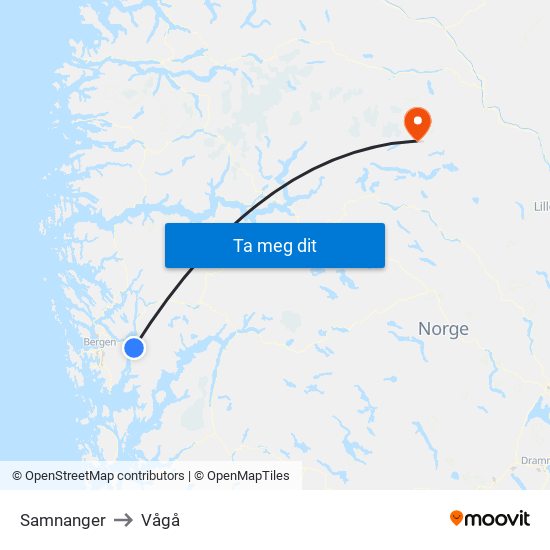 Samnanger to Vågå map