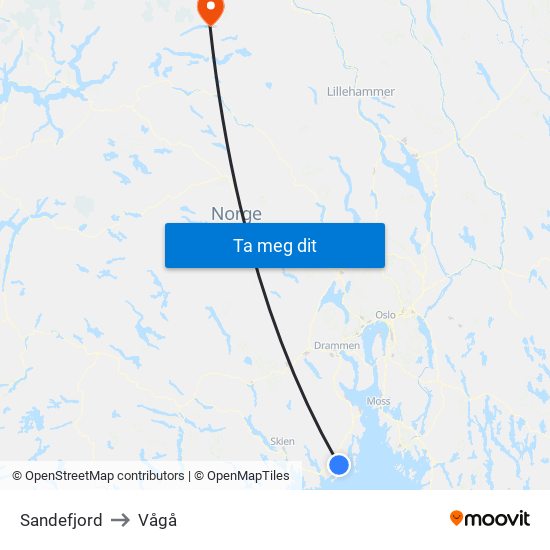 Sandefjord to Vågå map