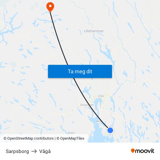 Sarpsborg to Vågå map