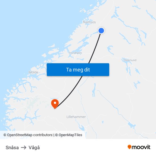 Snåsa to Vågå map