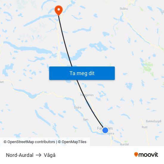 Nord-Aurdal to Vågå map