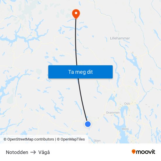 Notodden to Vågå map