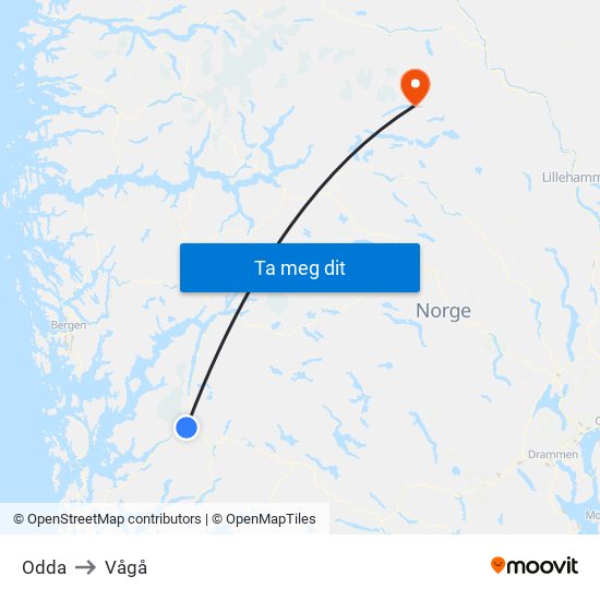 Odda to Vågå map