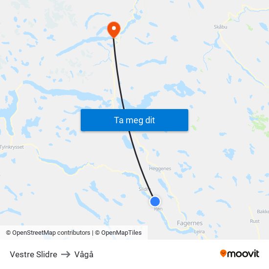 Vestre Slidre to Vågå map