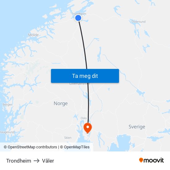 Trondheim to Våler map