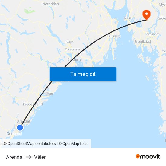 Arendal to Våler map