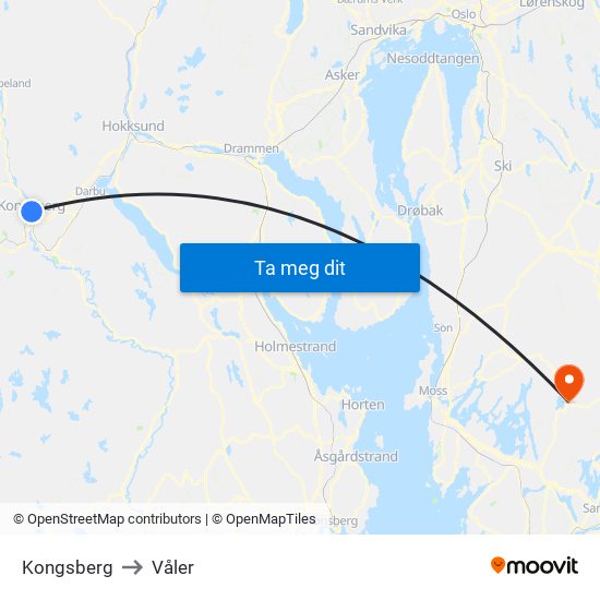 Kongsberg to Våler map