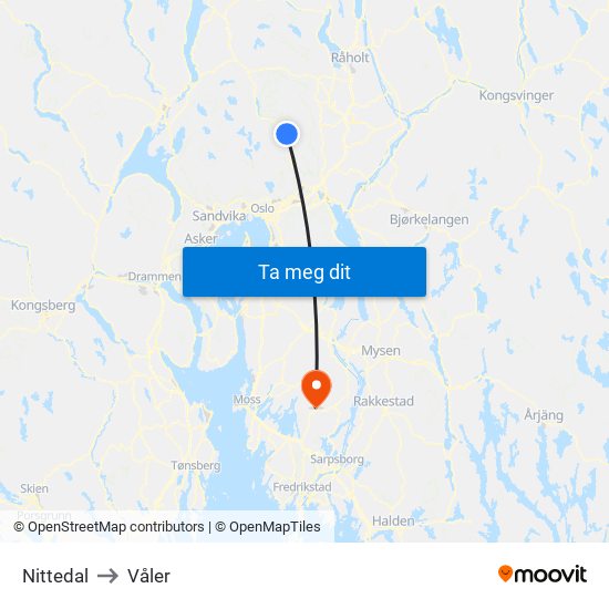 Nittedal to Våler map