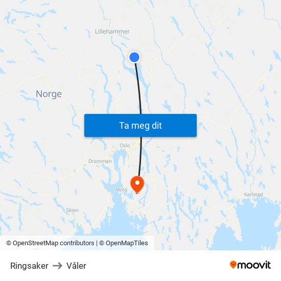 Ringsaker to Våler map