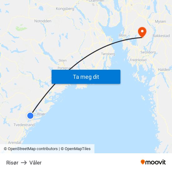 Risør to Våler map