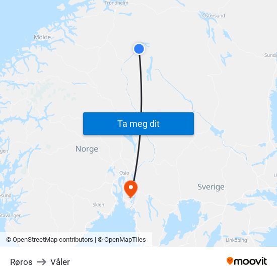 Røros to Våler map