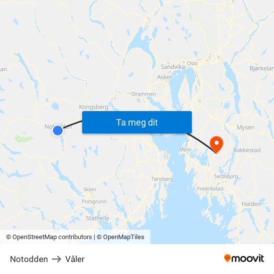 Notodden to Våler map