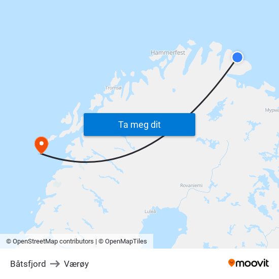 Båtsfjord to Værøy map