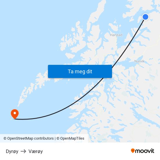 Dyrøy to Værøy map