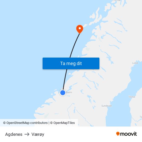 Agdenes to Værøy map