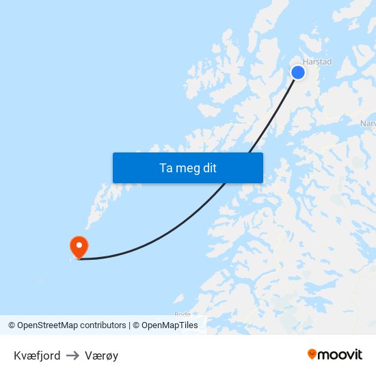 Kvæfjord to Værøy map
