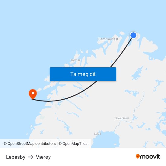 Lebesby to Værøy map