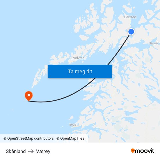 Skånland to Værøy map