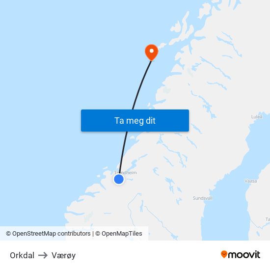 Orkdal to Værøy map