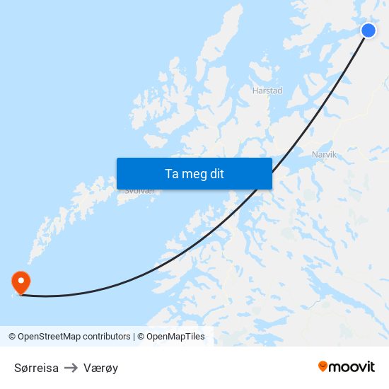 Sørreisa to Værøy map