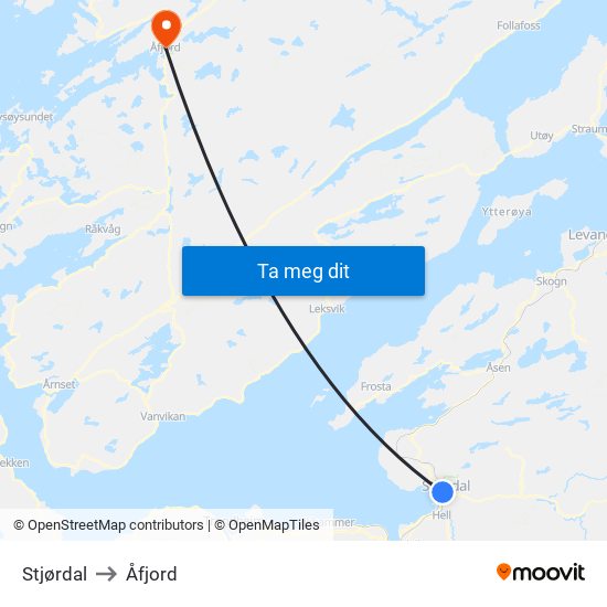 Stjørdal to Åfjord map