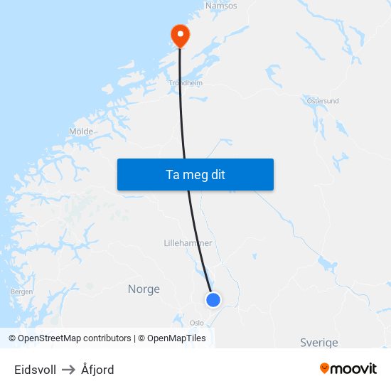 Eidsvoll to Åfjord map