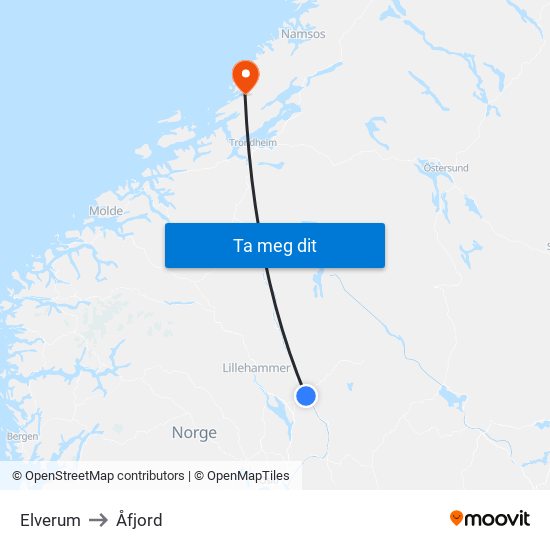 Elverum to Åfjord map