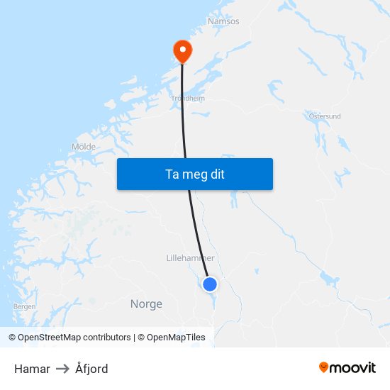 Hamar to Åfjord map