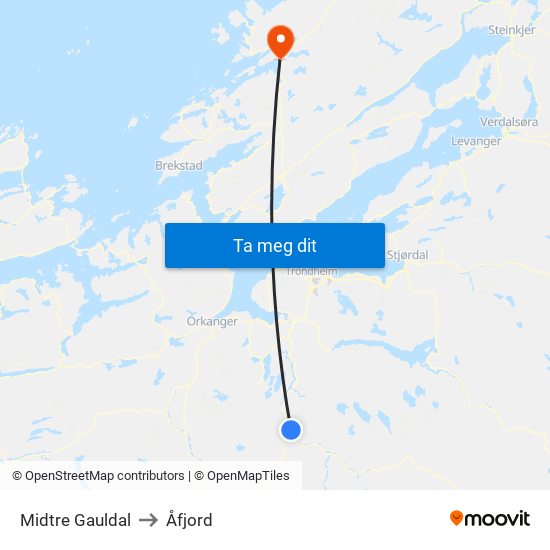 Midtre Gauldal to Åfjord map