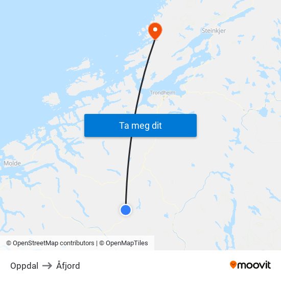 Oppdal to Åfjord map