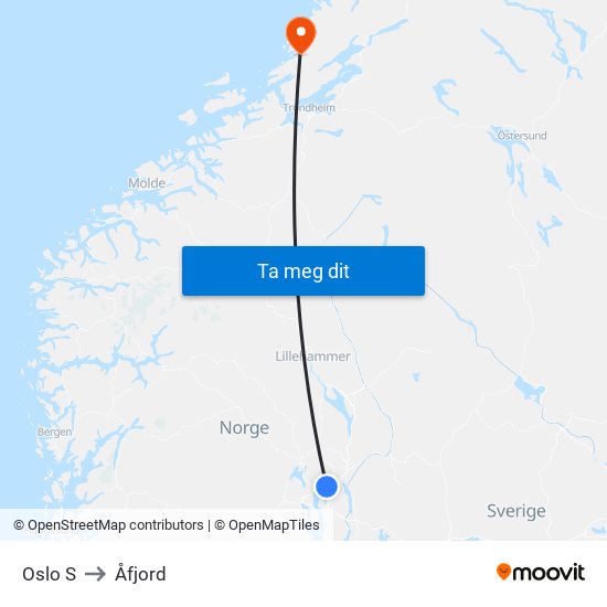 Oslo S to Åfjord map