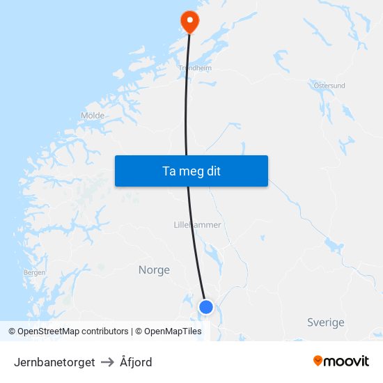 Jernbanetorget to Åfjord map