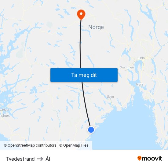 Tvedestrand to Ål map