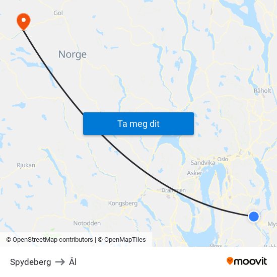 Spydeberg to Ål map