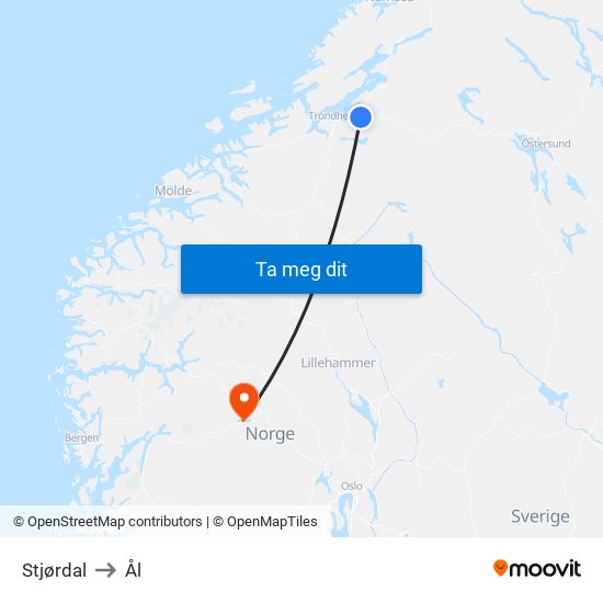 Stjørdal to Ål map