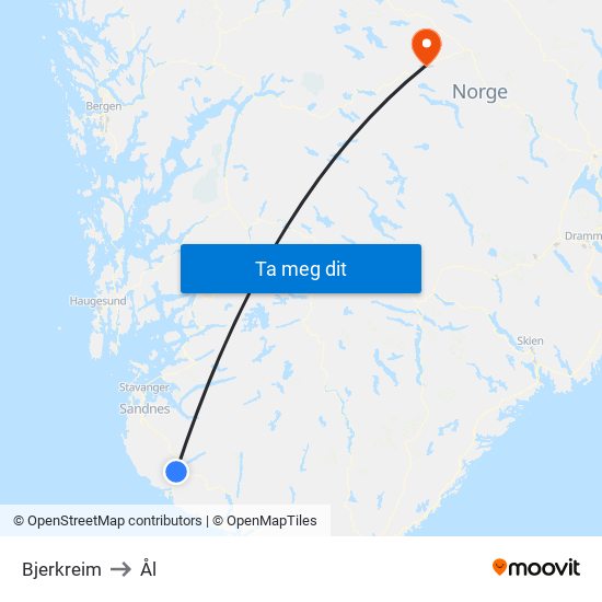 Bjerkreim to Ål map