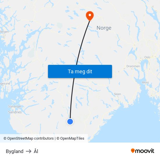 Bygland to Ål map