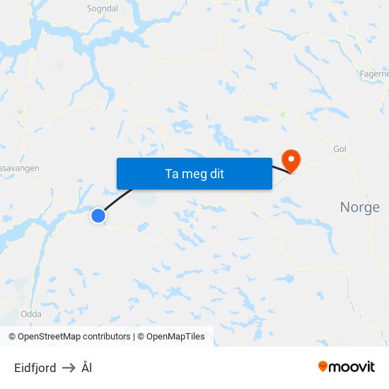 Eidfjord to Ål map