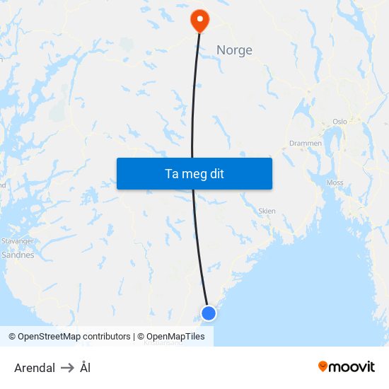 Arendal to Ål map