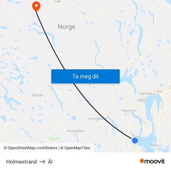 Holmestrand to Ål map