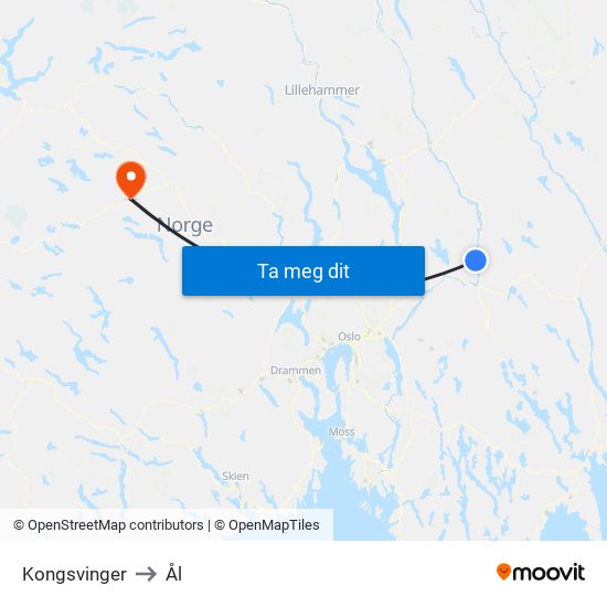 Kongsvinger to Ål map