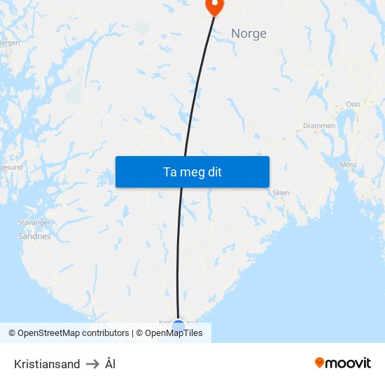 Kristiansand to Ål map