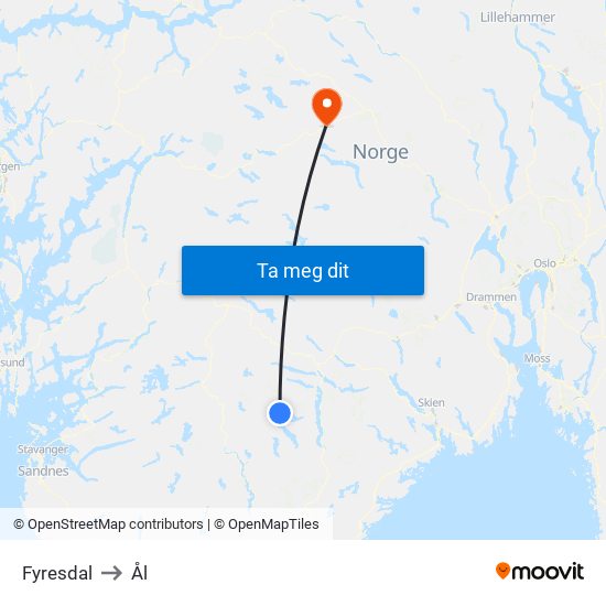 Fyresdal to Ål map