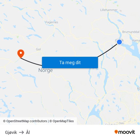 Gjøvik to Ål map