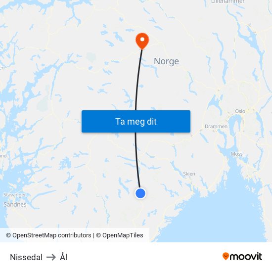 Nissedal to Ål map