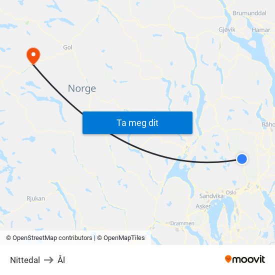 Nittedal to Ål map