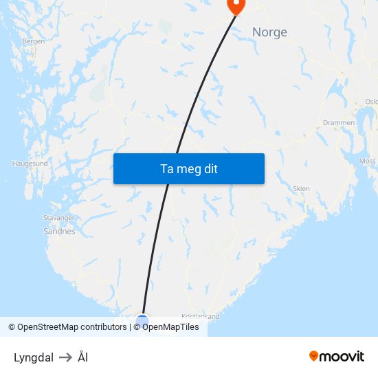 Lyngdal to Ål map